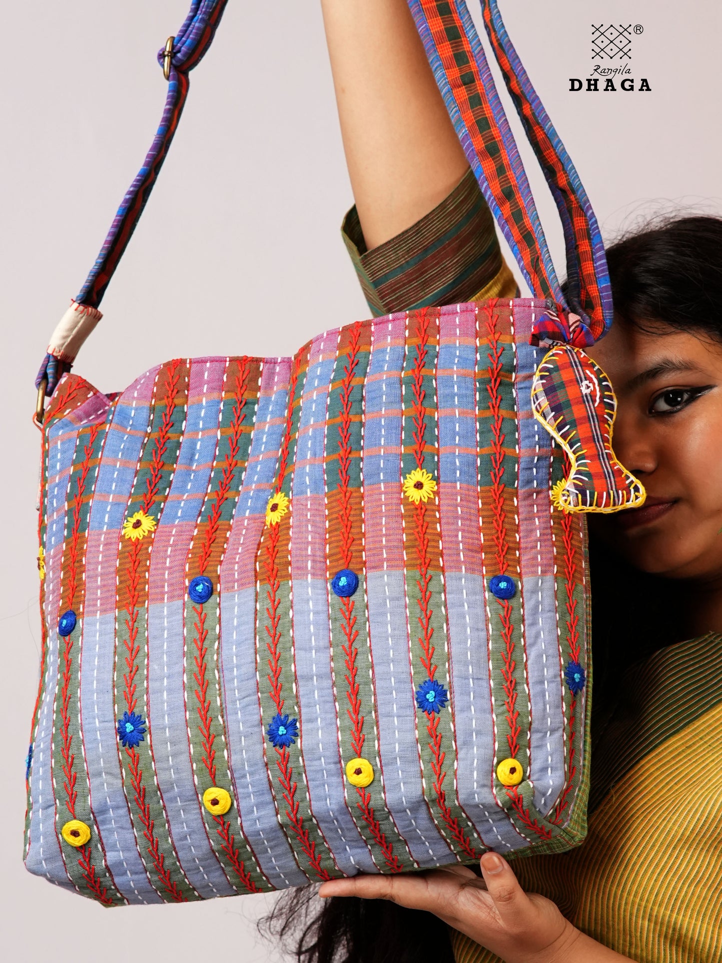 Hand-Embroidered Cotton Gamcha Sling Bag | Adjustable Crossbody Bag with Kantha, Feather & Lezy Stitch   | Rangila Dhaga  SL28