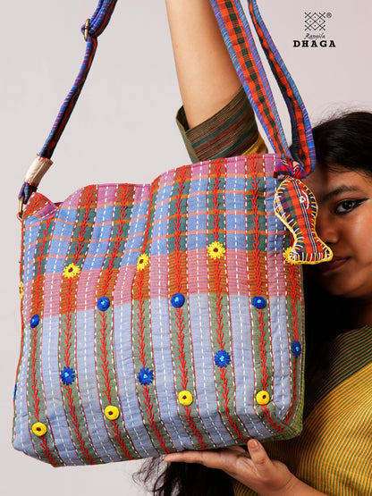 Hand-Embroidered Cotton Gamcha Sling Bag | Adjustable Crossbody Bag with Kantha, Feather & Lezy Stitch   | Rangila Dhaga  SL28