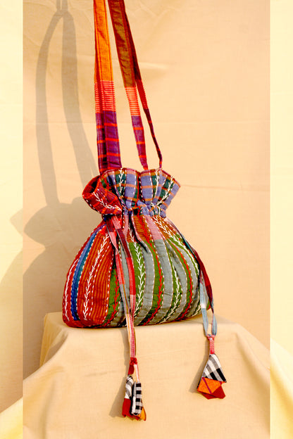 Multicolor Hand Embroidered Gamcha Potli Tote Bag – Kantha Stitch Drawstring Bag | Rangila Dhaga Bag 40