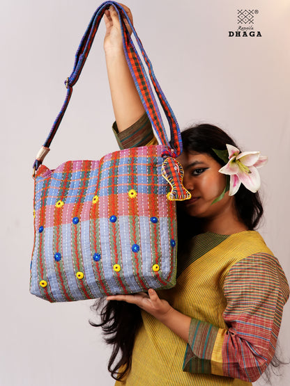 Hand-Embroidered Cotton Gamcha Sling Bag | Adjustable Crossbody Bag with Kantha, Feather & Lezy Stitch   | Rangila Dhaga  SL28