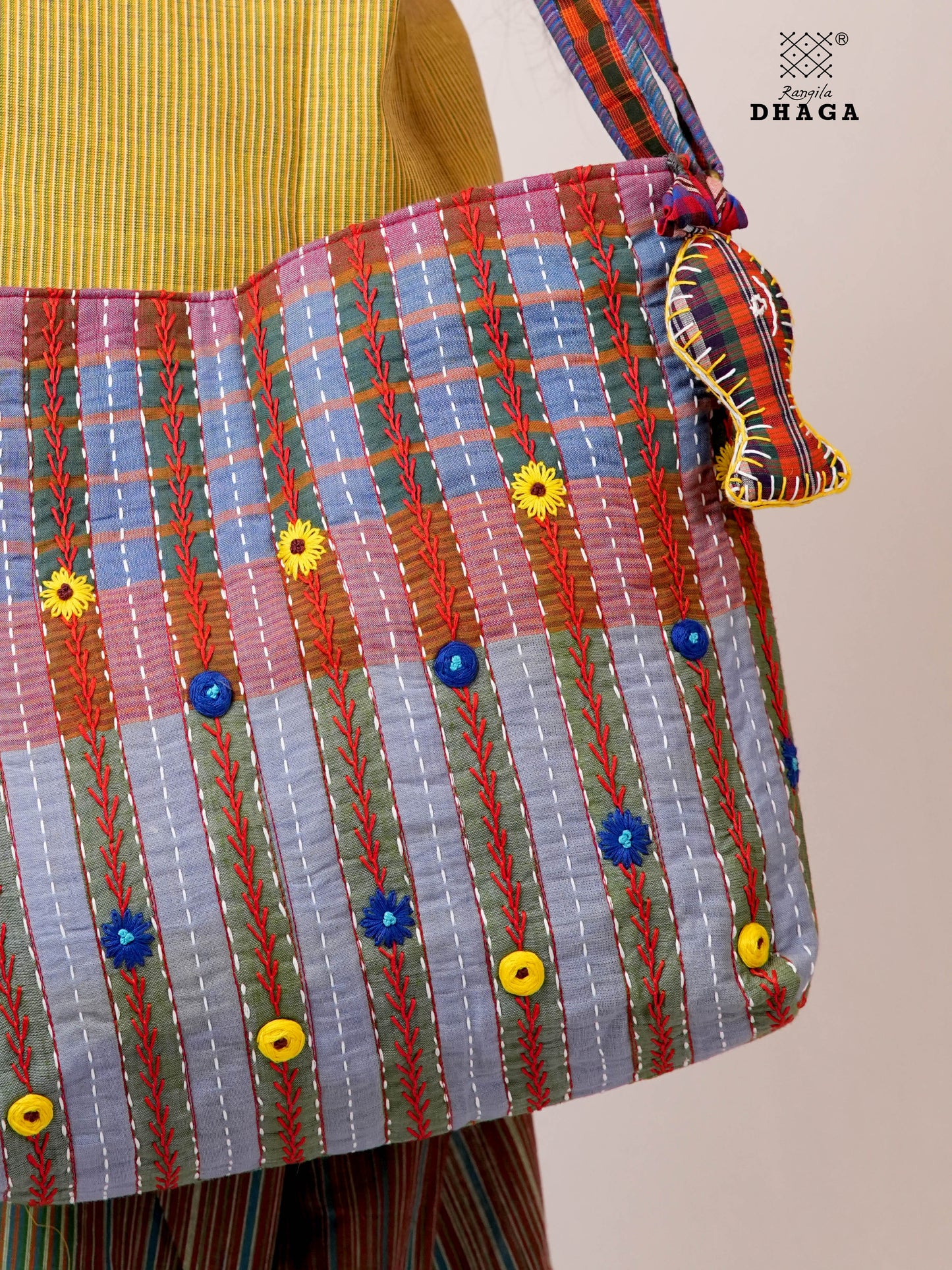 Hand-Embroidered Cotton Gamcha Sling Bag | Adjustable Crossbody Bag with Kantha, Feather & Lezy Stitch   | Rangila Dhaga  SL28