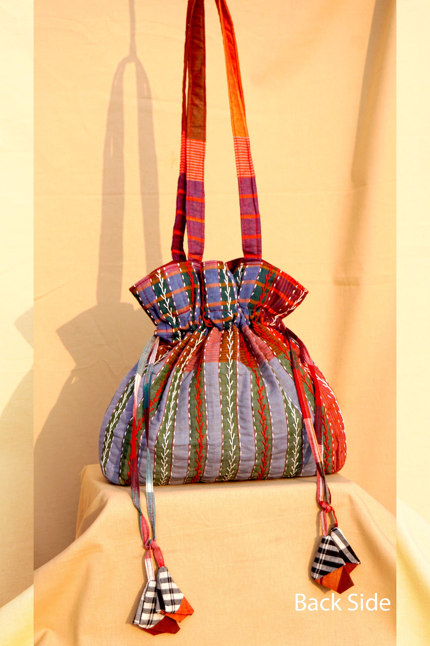 Multicolor Hand Embroidered Gamcha Potli Tote Bag – Kantha Stitch Drawstring Bag | Rangila Dhaga Bag 40