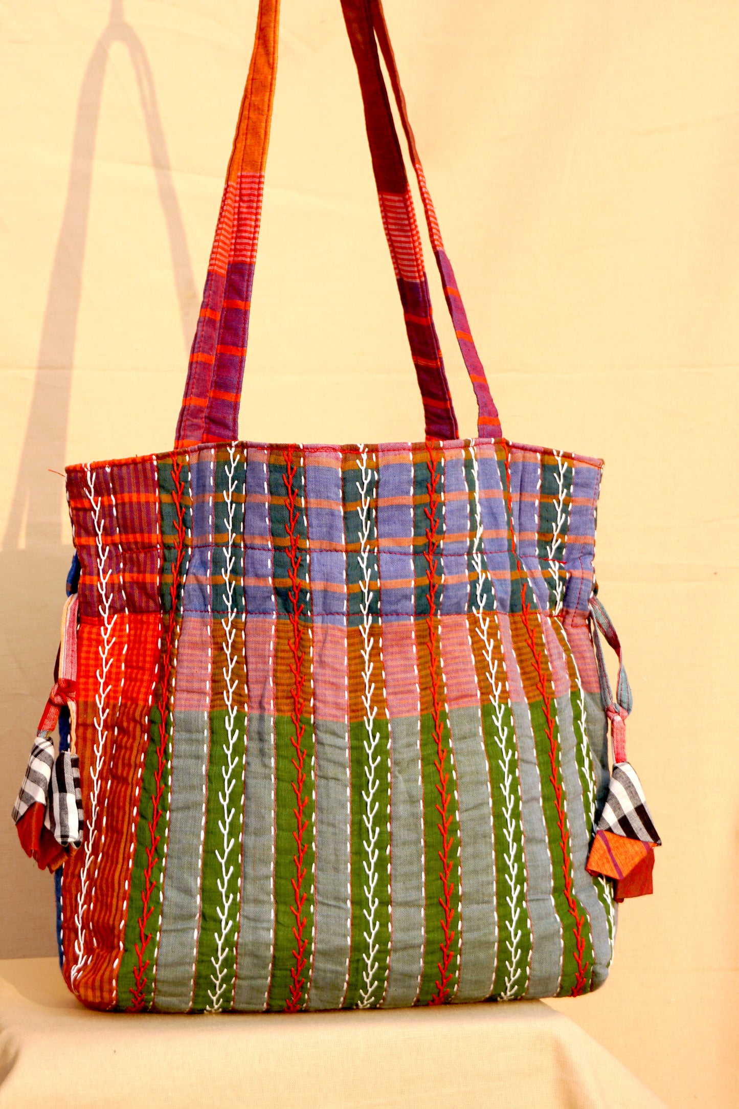 Multicolor Hand Embroidered Gamcha Potli Tote Bag – Kantha Stitch Drawstring Bag | Rangila Dhaga Bag 40