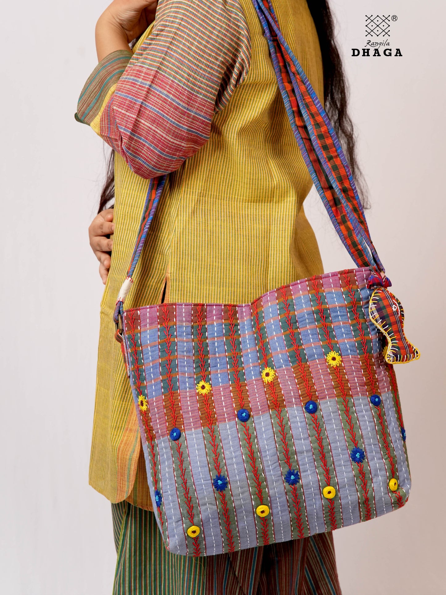 Hand-Embroidered Cotton Gamcha Sling Bag | Adjustable Crossbody Bag with Kantha, Feather & Lezy Stitch   | Rangila Dhaga  SL28