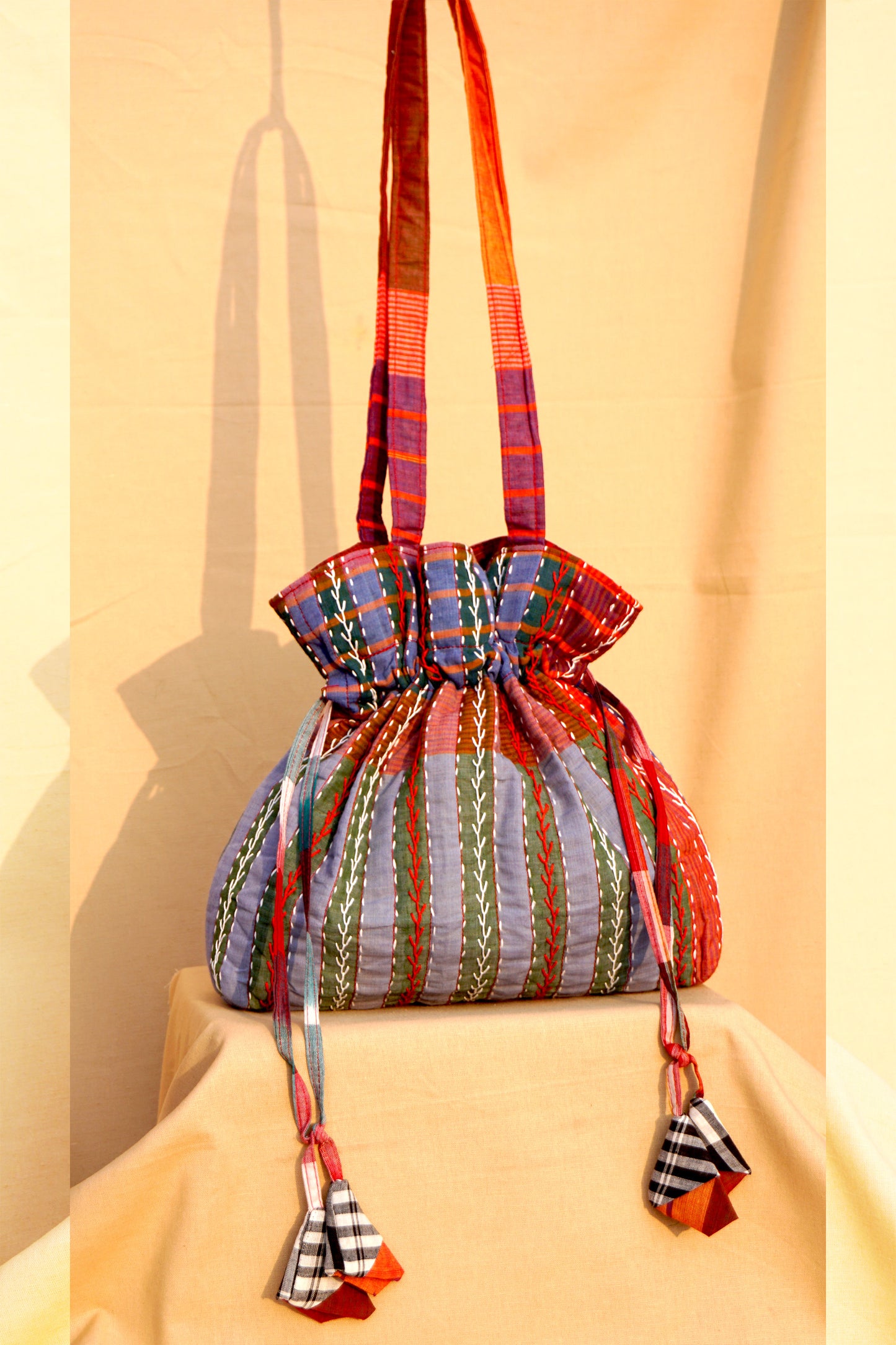 Multicolor Hand Embroidered Gamcha Potli Tote Bag – Kantha Stitch Drawstring Bag | Rangila Dhaga Bag 40