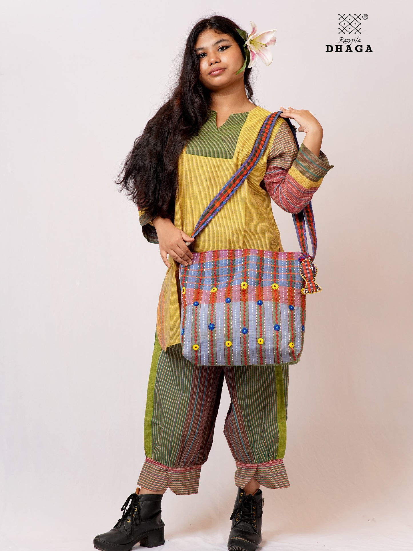 Hand-Embroidered Cotton Gamcha Sling Bag | Adjustable Crossbody Bag with Kantha, Feather & Lezy Stitch   | Rangila Dhaga  SL28