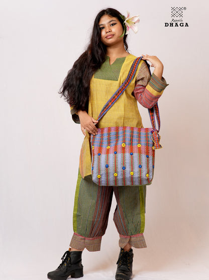 Hand-Embroidered Cotton Gamcha Sling Bag | Adjustable Crossbody Bag with Kantha, Feather & Lezy Stitch   | Rangila Dhaga  SL28