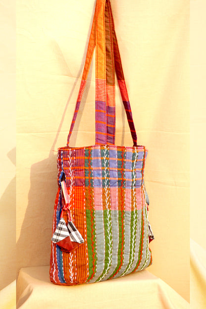 Multicolor Hand Embroidered Gamcha Potli Tote Bag – Kantha Stitch Drawstring Bag | Rangila Dhaga Bag 40