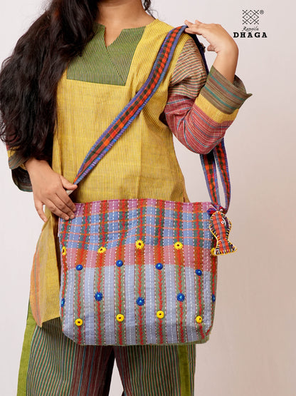 Hand-Embroidered Cotton Gamcha Sling Bag | Adjustable Crossbody Bag with Kantha, Feather & Lezy Stitch   | Rangila Dhaga  SL28