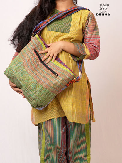 Hand-Embroidered Cotton Gamcha Sling Bag | Adjustable Crossbody Bag with Kantha, Feather & Lezy Stitch   | Rangila Dhaga  SL28
