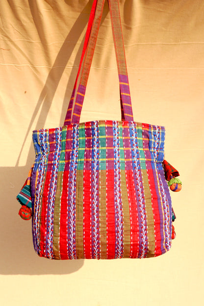 Multicolor Hand Embroidered Gamcha Potli Tote Bag – Kantha Stitch Drawstring Bag | Rangila Dhaga Bag 41