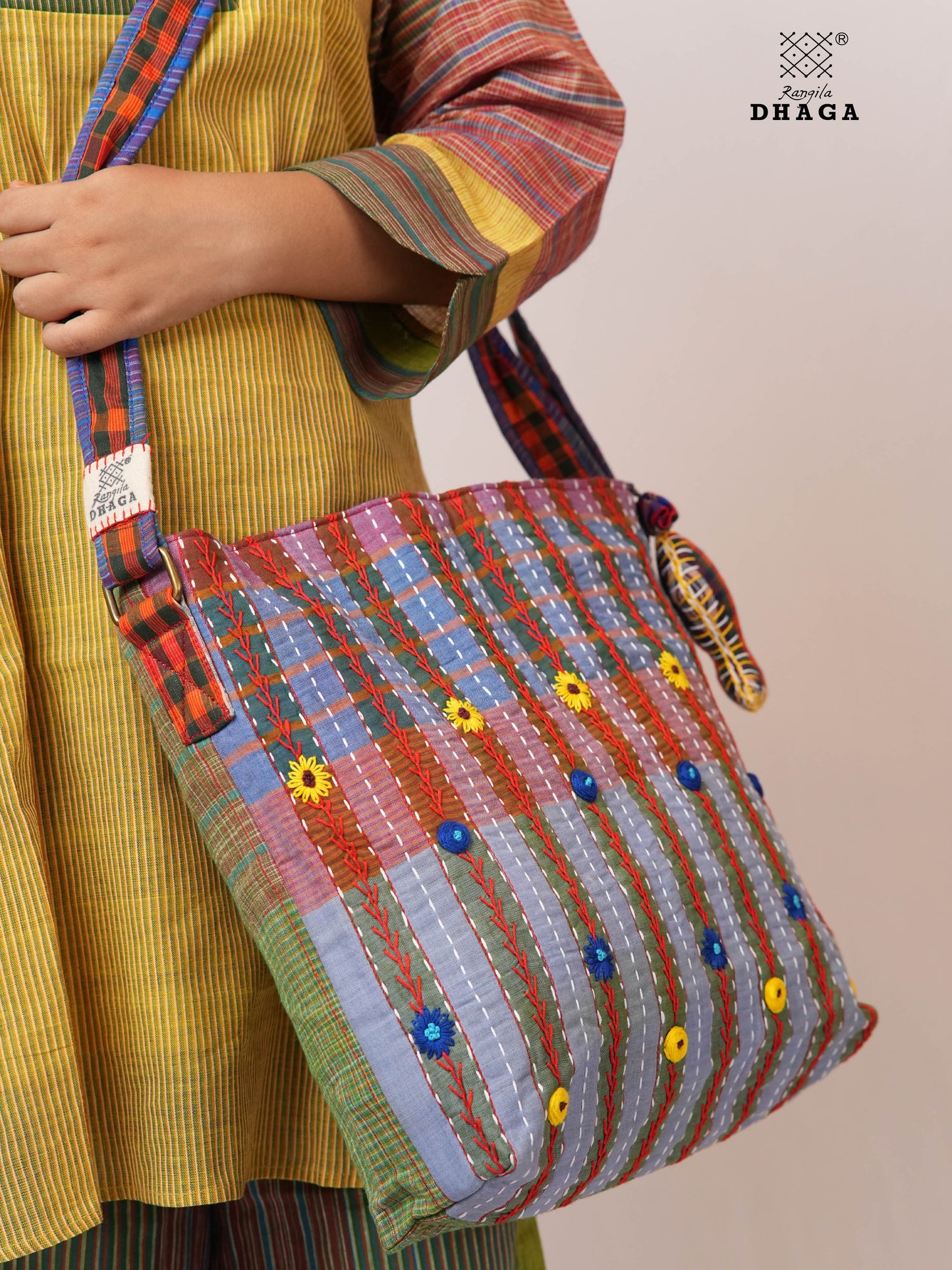 Hand-Embroidered Cotton Gamcha Sling Bag | Adjustable Crossbody Bag with Kantha, Feather & Lezy Stitch   | Rangila Dhaga  SL28