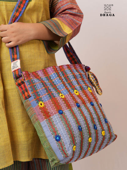 Hand-Embroidered Cotton Gamcha Sling Bag | Adjustable Crossbody Bag with Kantha, Feather & Lezy Stitch   | Rangila Dhaga  SL28