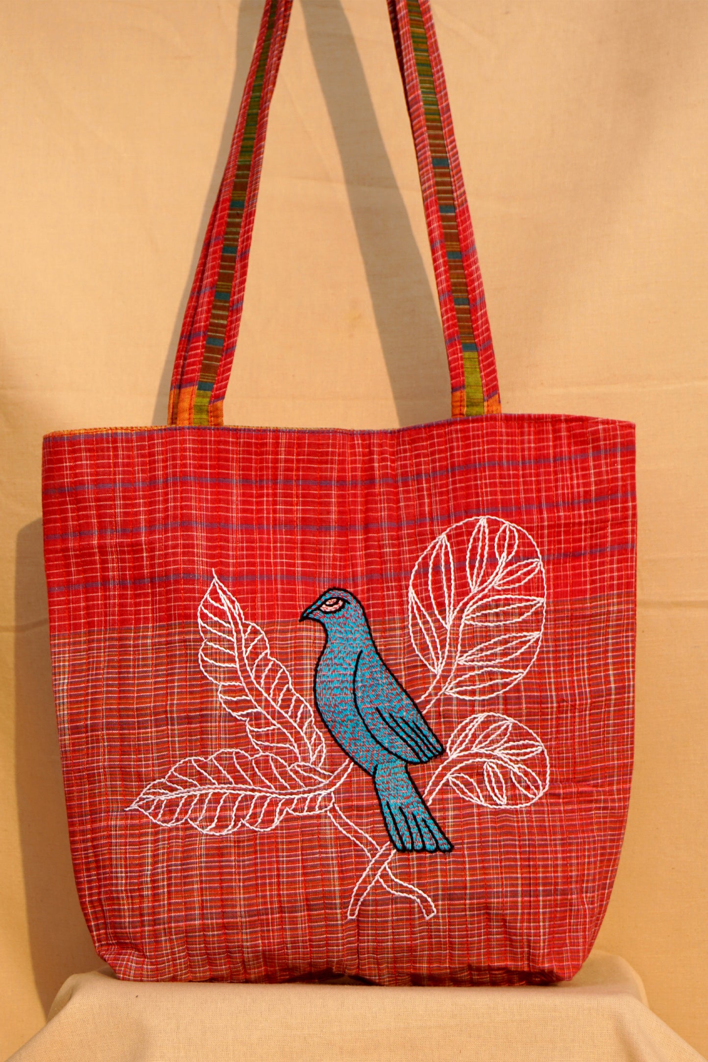 Red Handwoven Gamcha Tote Bag with Bird Embroidery Handmade Cotton Shoulder Bag – Rangila Dhaga   Bag28