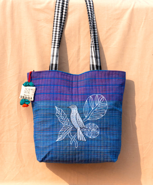 Blue Handwoven Gamcha Tote Bag with Bird Embroidery Handmade Cotton Shoulder Bag – Rangila Dhaga   Bag26