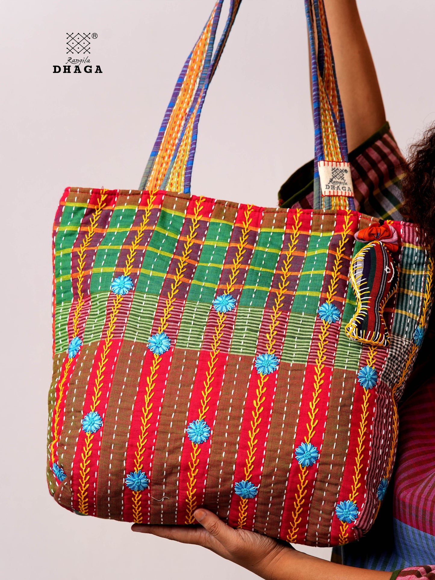 Hand-Embroidered Cotton Gamcha Tote Bag | Artisan Shoulder Bag with Zip Closure & Multi-Pocket Design 104