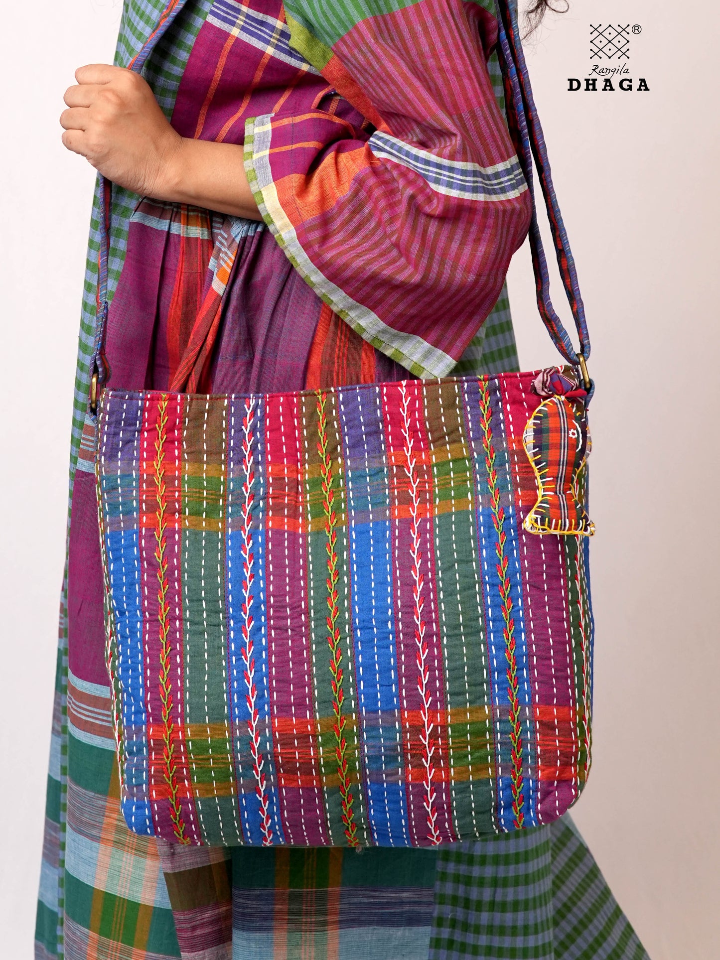 Hand-Embroidered Cotton Gamcha Sling Bag | Adjustable Crossbody Bag with Kantha, Feather & Lezy Stitch   | Rangila Dhaga  SL29