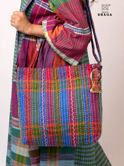 Hand-Embroidered Cotton Gamcha Sling Bag | Adjustable Crossbody Bag with Kantha, Feather & Lezy Stitch   | Rangila Dhaga  SL29