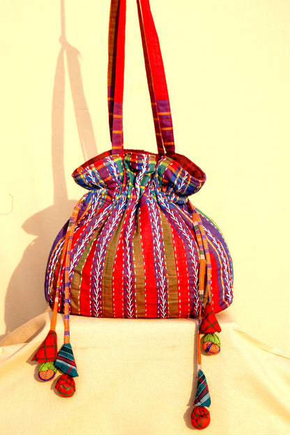 Multicolor Hand Embroidered Gamcha Potli Tote Bag – Kantha Stitch Drawstring Bag | Rangila Dhaga Bag 41
