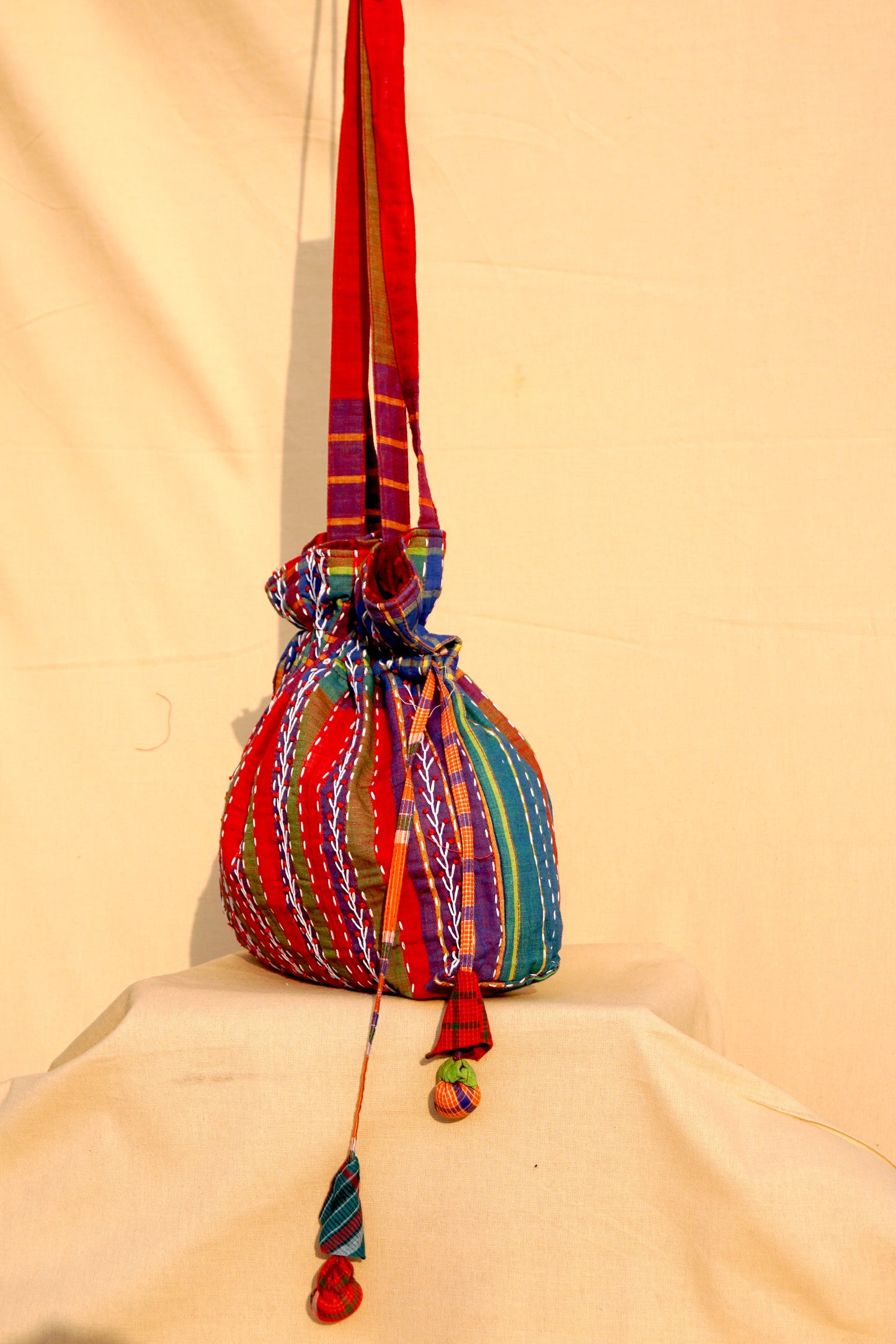 Multicolor Hand Embroidered Gamcha Potli Tote Bag – Kantha Stitch Drawstring Bag | Rangila Dhaga Bag 41