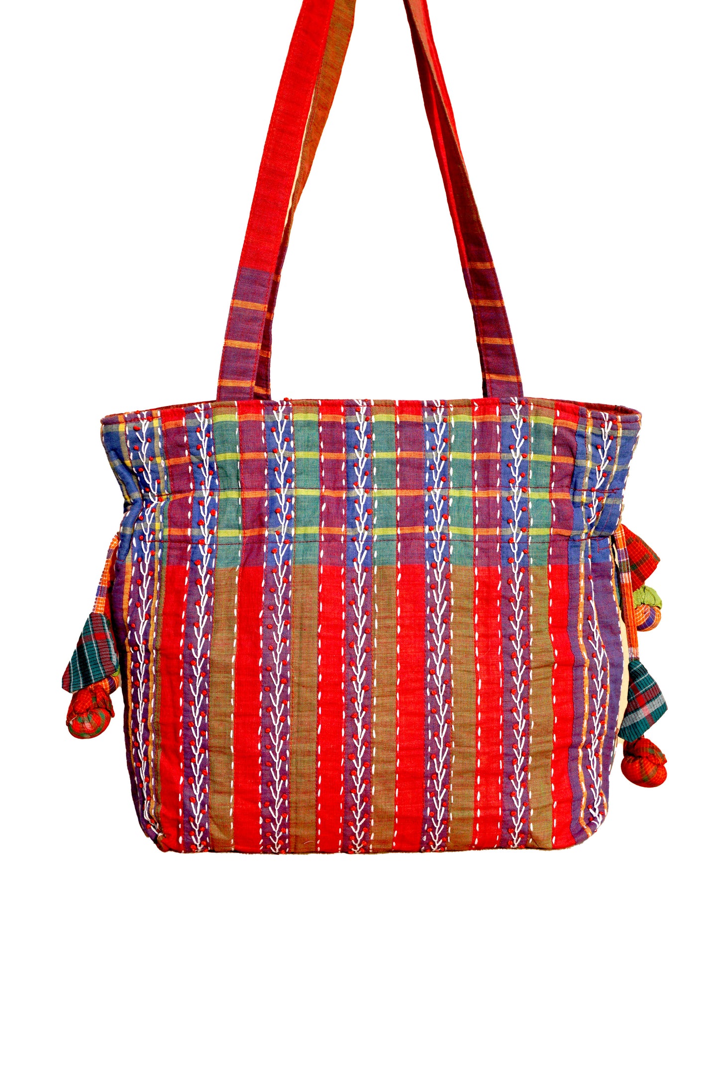 Multicolor Hand Embroidered Gamcha Potli Tote Bag – Kantha Stitch Drawstring Bag | Rangila Dhaga Bag 41