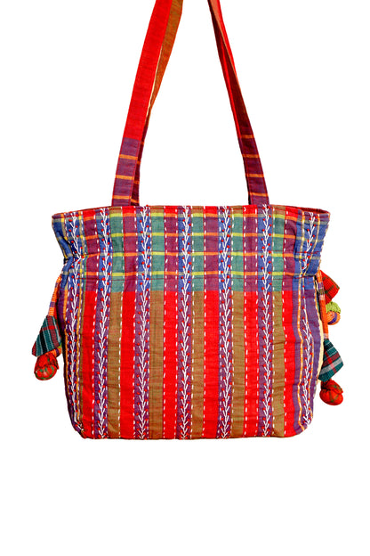 Multicolor Hand Embroidered Gamcha Potli Tote Bag – Kantha Stitch Drawstring Bag | Rangila Dhaga Bag 41