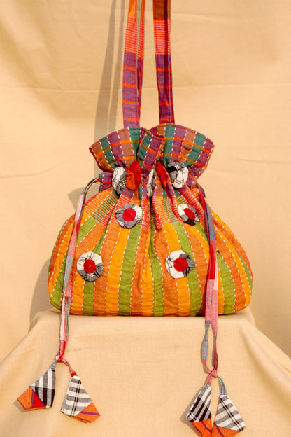 Multicolor Hand Embroidered Gamcha Potli Tote Bag – Kantha Stitch Drawstring Bag | Rangila Dhaga Bag 42