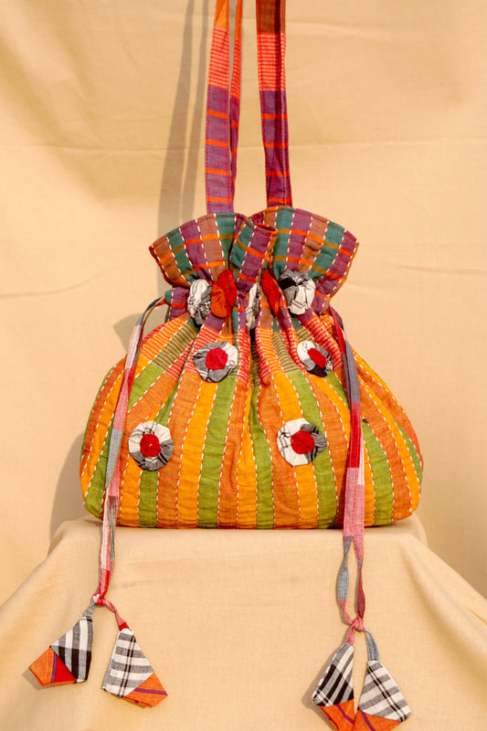Multicolor Hand Embroidered Gamcha Potli Tote Bag – Kantha Stitch Drawstring Bag | Rangila Dhaga Bag 42
