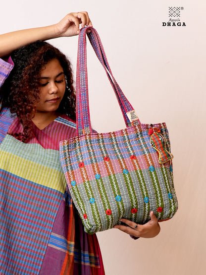 Hand-Embroidered Cotton Gamcha Tote Bag | Multicolor Artisan Shoulder Tote with Zip Closure & Multiple Pockets  106