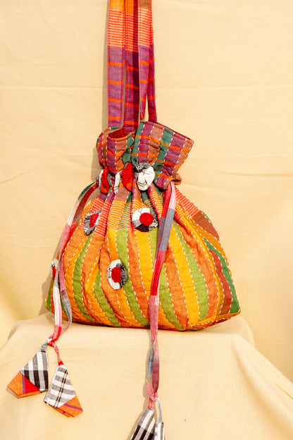 Multicolor Hand Embroidered Gamcha Potli Tote Bag – Kantha Stitch Drawstring Bag | Rangila Dhaga Bag 42