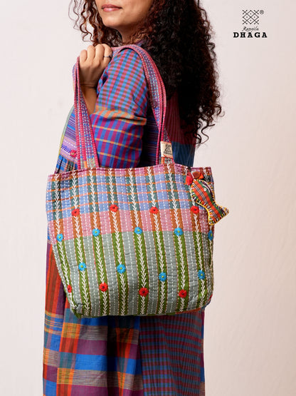 Hand-Embroidered Cotton Gamcha Tote Bag | Multicolor Artisan Shoulder Tote with Zip Closure & Multiple Pockets  106