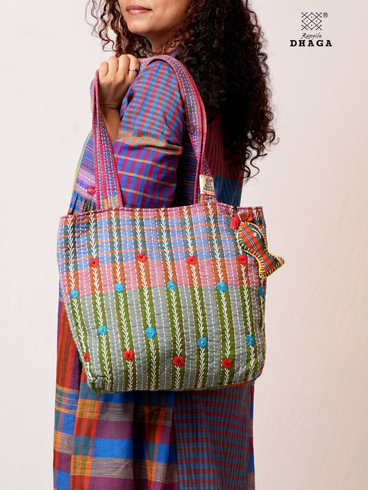 Hand-Embroidered Cotton Gamcha Tote Bag | Multicolor Artisan Shoulder Tote with Zip Closure & Multiple Pockets  106