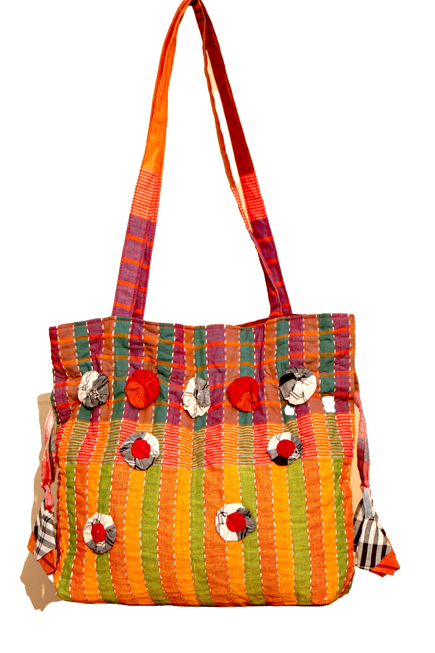 Multicolor Hand Embroidered Gamcha Potli Tote Bag – Kantha Stitch Drawstring Bag | Rangila Dhaga Bag 42