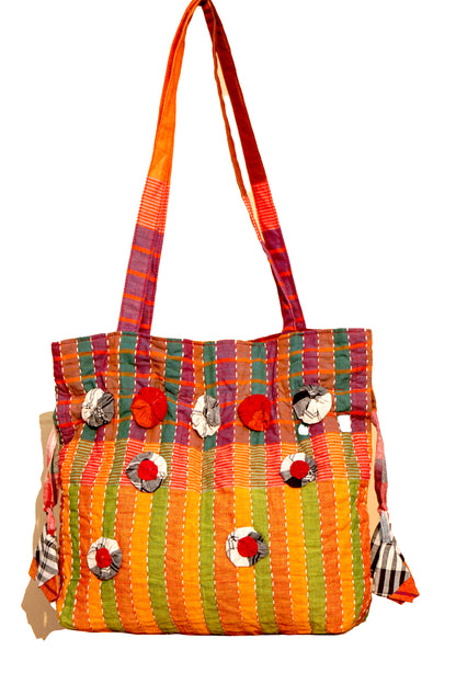 Multicolor Hand Embroidered Gamcha Potli Tote Bag – Kantha Stitch Drawstring Bag | Rangila Dhaga Bag 42