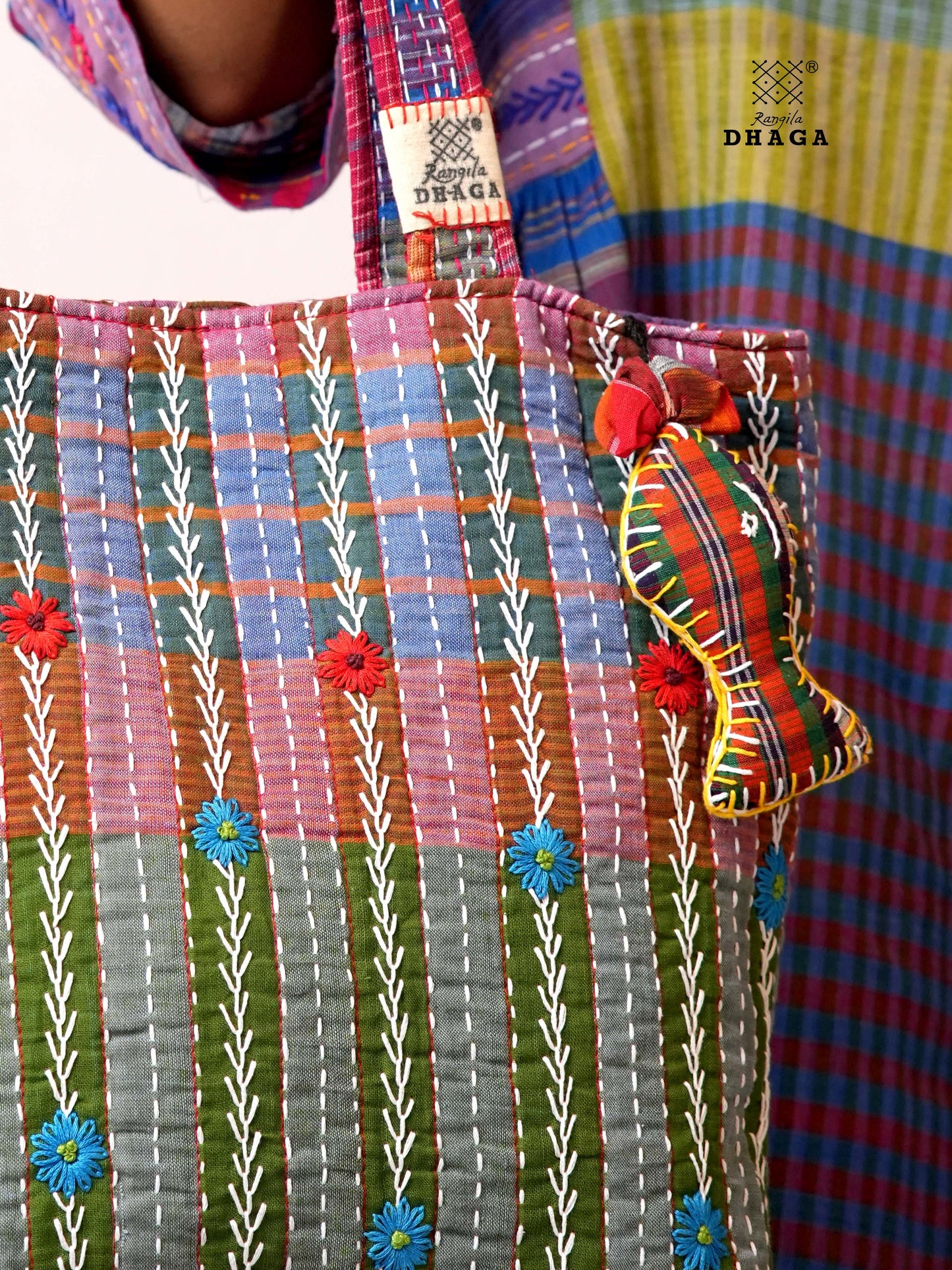 Hand-Embroidered Cotton Gamcha Tote Bag | Multicolor Artisan Shoulder Tote with Zip Closure & Multiple Pockets  106