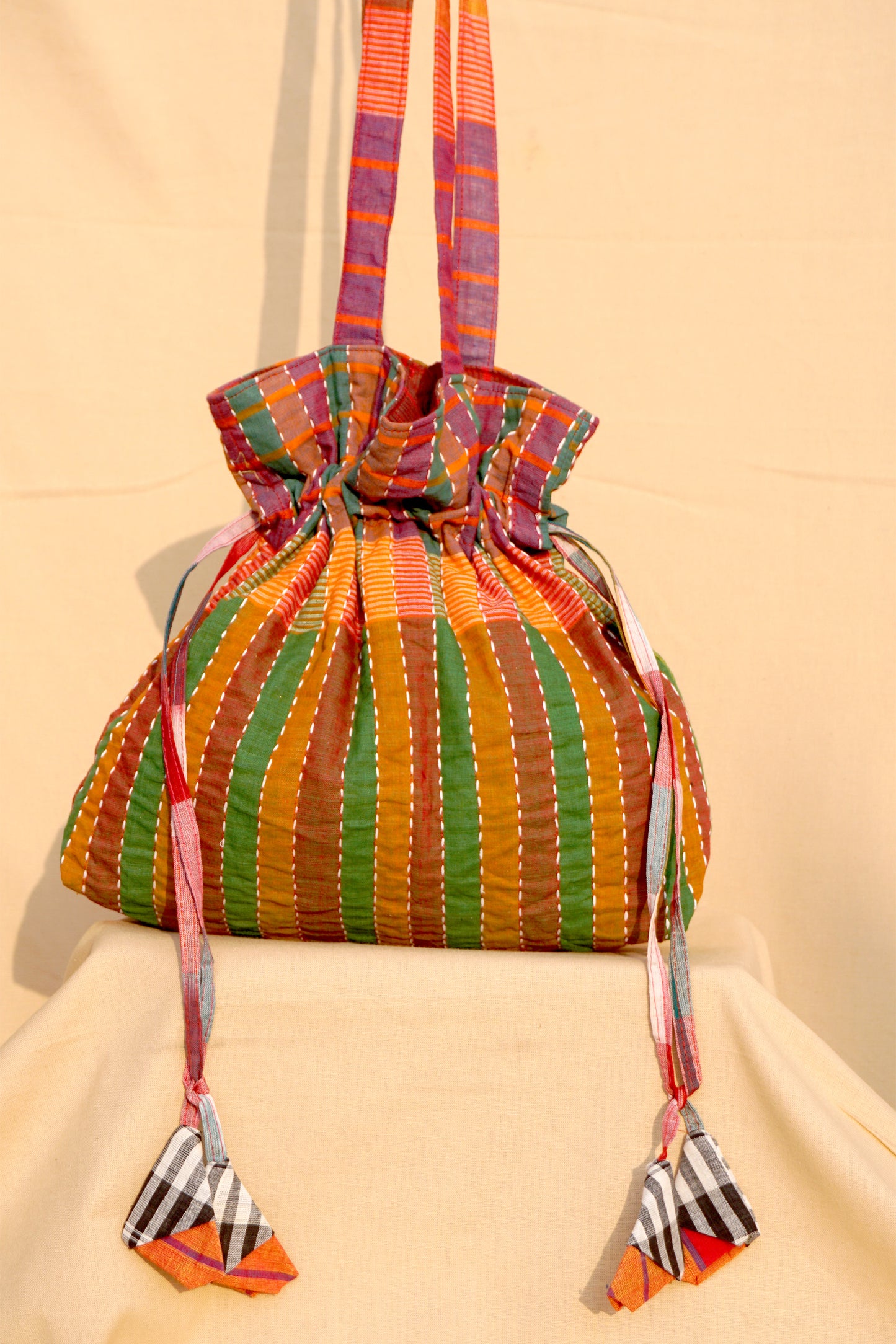 Multicolor Hand Embroidered Gamcha Potli Tote Bag – Kantha Stitch Drawstring Bag | Rangila Dhaga Bag 42