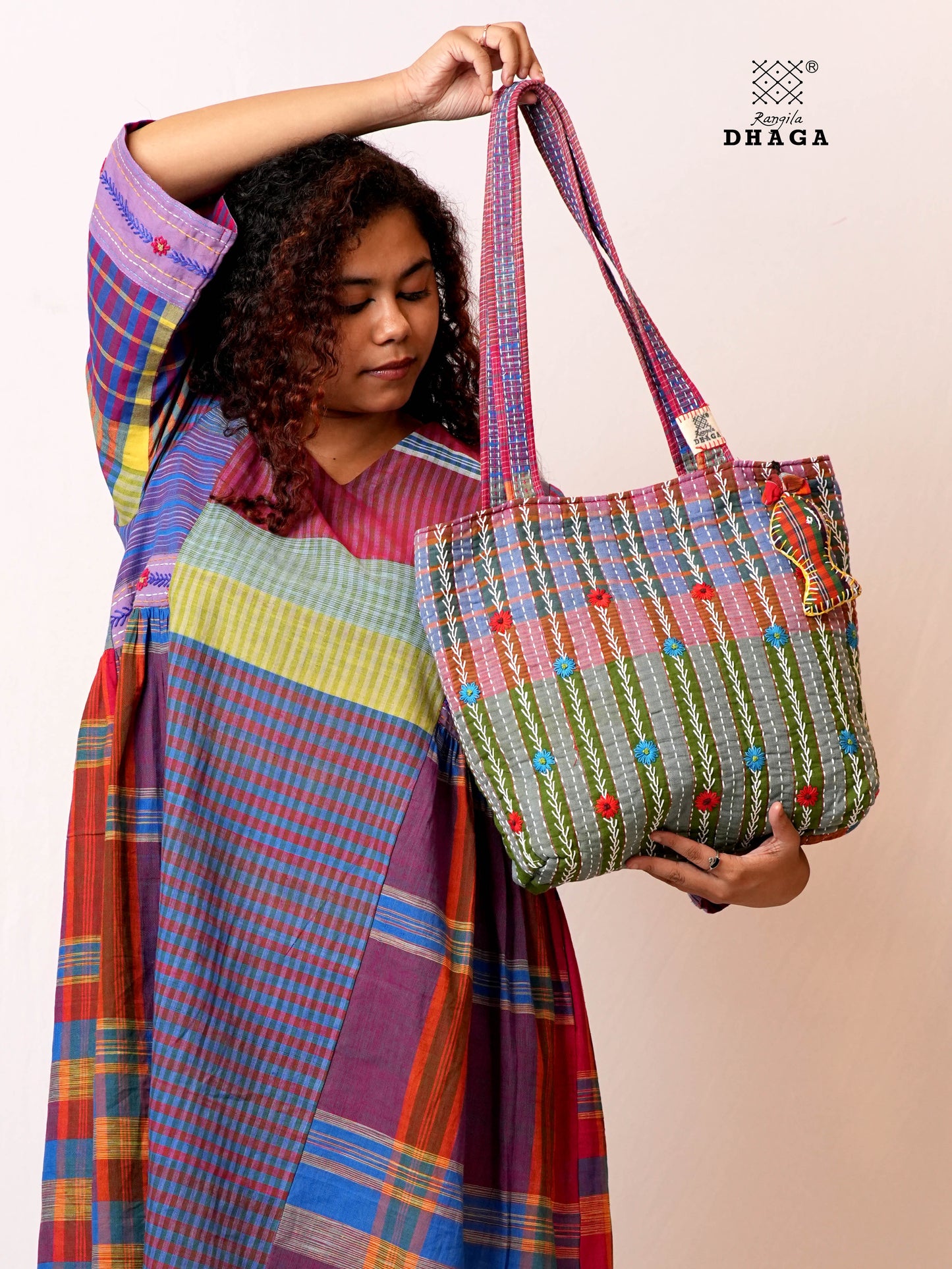 Hand-Embroidered Cotton Gamcha Tote Bag | Multicolor Artisan Shoulder Tote with Zip Closure & Multiple Pockets  106