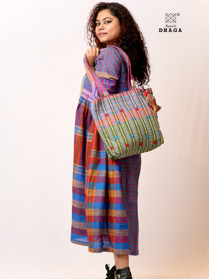 Hand-Embroidered Cotton Gamcha Tote Bag | Multicolor Artisan Shoulder Tote with Zip Closure & Multiple Pockets  106