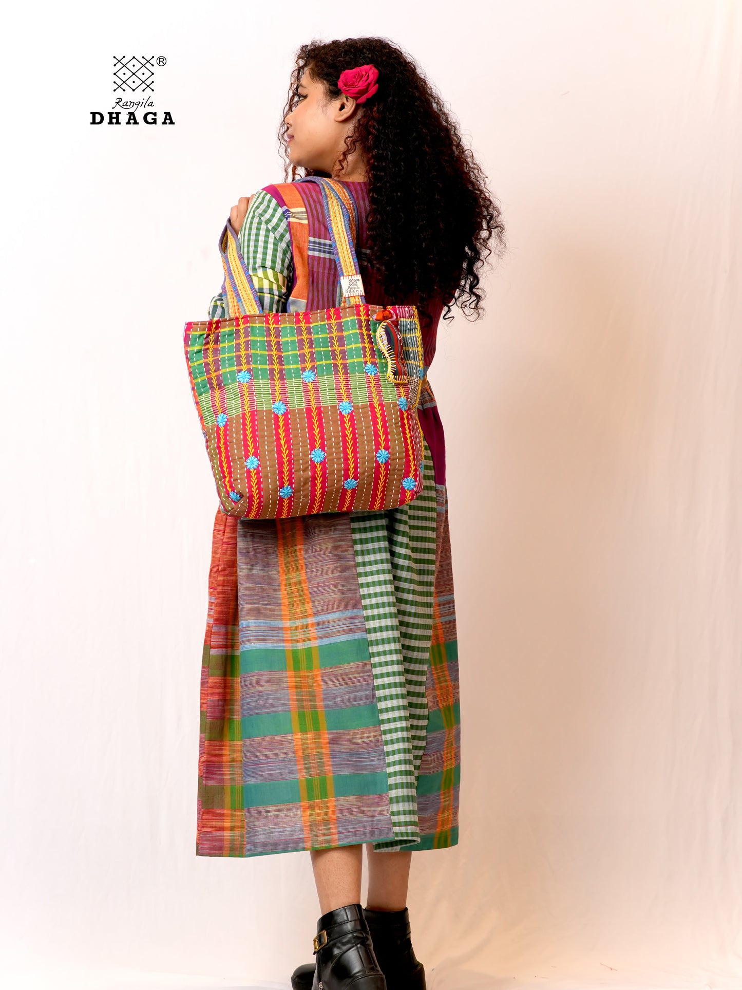 Hand-Embroidered Cotton Gamcha Tote Bag | Artisan Shoulder Bag with Zip Closure & Multi-Pocket Design 104