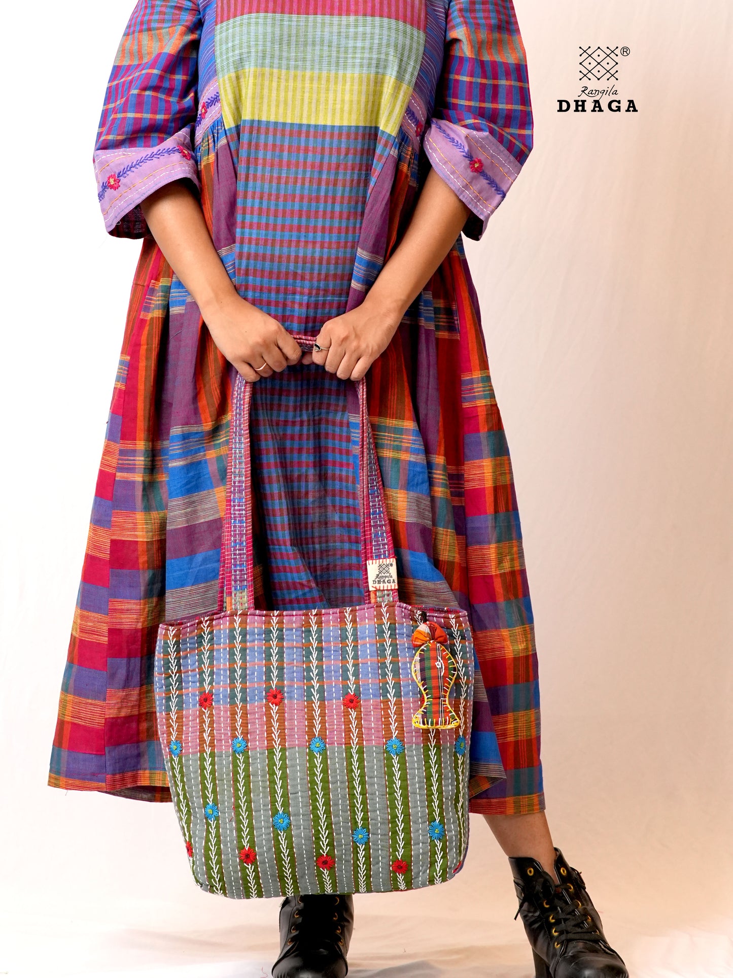 Hand-Embroidered Cotton Gamcha Tote Bag | Multicolor Artisan Shoulder Tote with Zip Closure & Multiple Pockets  106