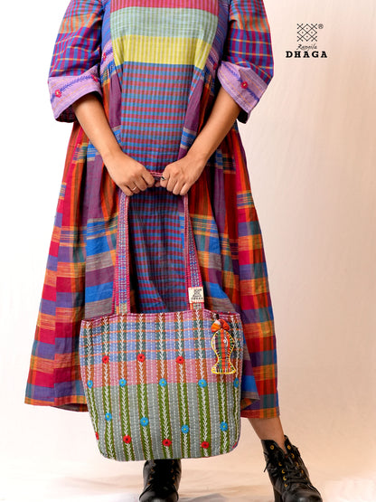 Hand-Embroidered Cotton Gamcha Tote Bag | Multicolor Artisan Shoulder Tote with Zip Closure & Multiple Pockets  106