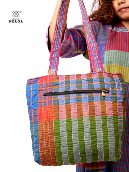 Hand-Embroidered Cotton Gamcha Tote Bag | Multicolor Artisan Shoulder Tote with Zip Closure & Multiple Pockets  106