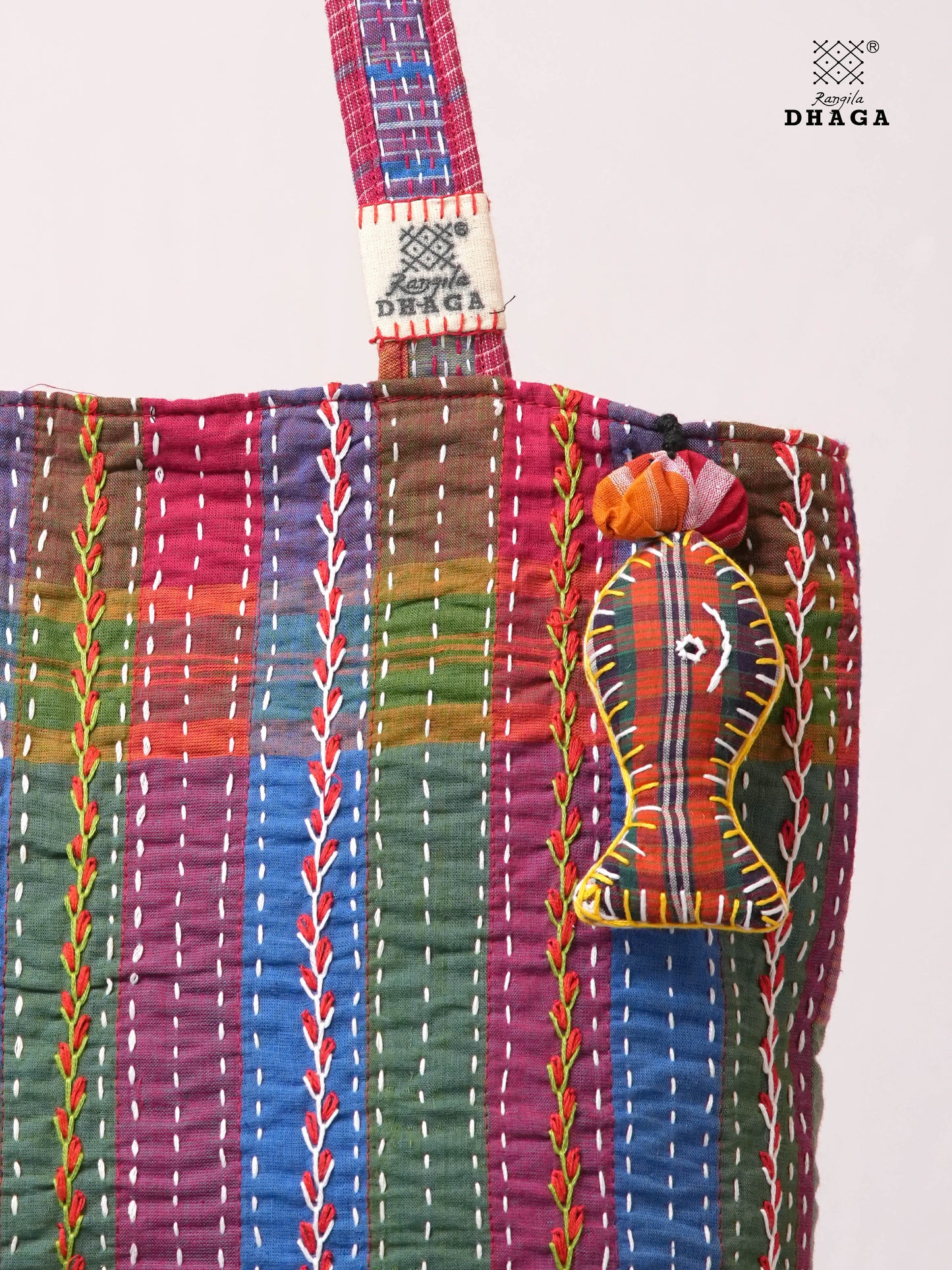 Hand-Embroidered Cotton Gamcha Tote Bag | Multicolor Artisan Shoulder Tote with Zip Closure & Multiple Pockets  107