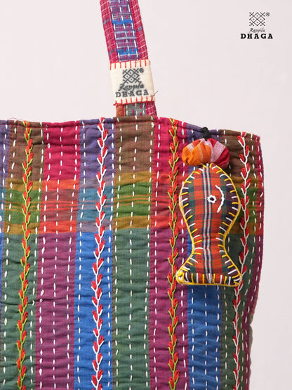Hand-Embroidered Cotton Gamcha Tote Bag | Multicolor Artisan Shoulder Tote with Zip Closure & Multiple Pockets  107