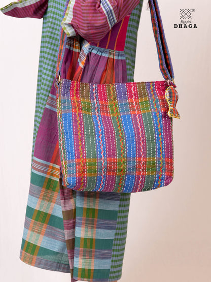 Hand-Embroidered Cotton Gamcha Sling Bag | Adjustable Crossbody Bag with Kantha, Feather & Lezy Stitch   | Rangila Dhaga  SL29