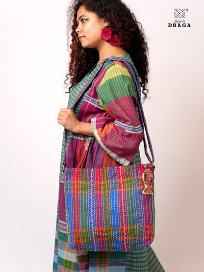 Hand-Embroidered Cotton Gamcha Sling Bag | Adjustable Crossbody Bag with Kantha, Feather & Lezy Stitch   | Rangila Dhaga  SL29
