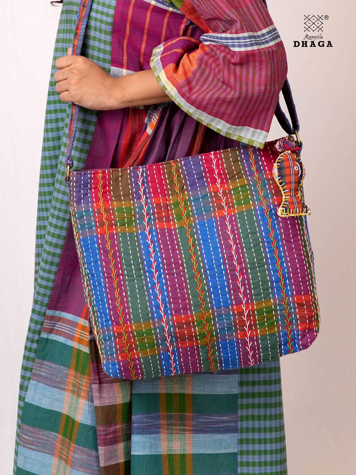 Hand-Embroidered Cotton Gamcha Sling Bag | Adjustable Crossbody Bag with Kantha, Feather & Lezy Stitch   | Rangila Dhaga  SL29