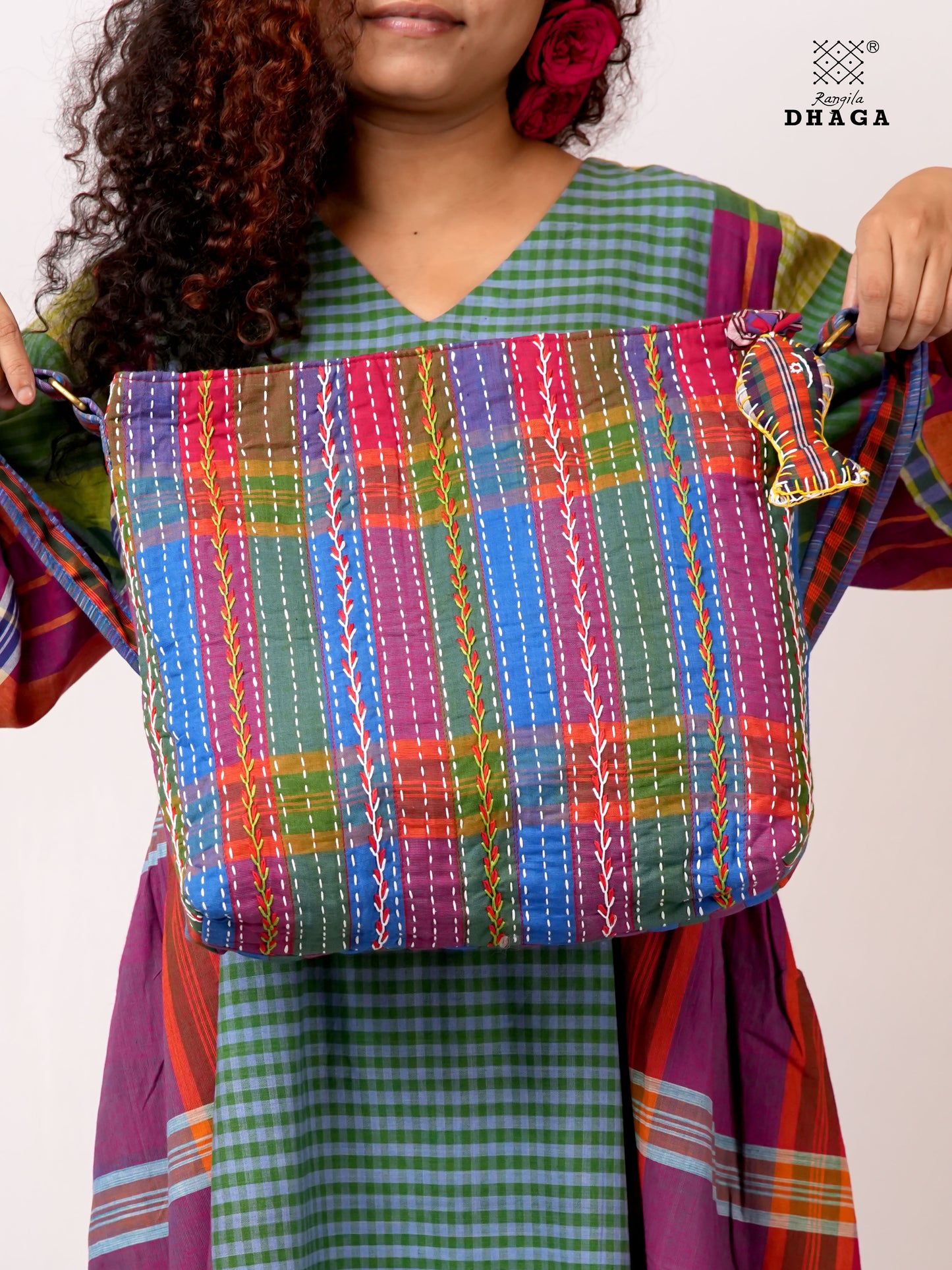 Hand-Embroidered Cotton Gamcha Sling Bag | Adjustable Crossbody Bag with Kantha, Feather & Lezy Stitch   | Rangila Dhaga  SL29