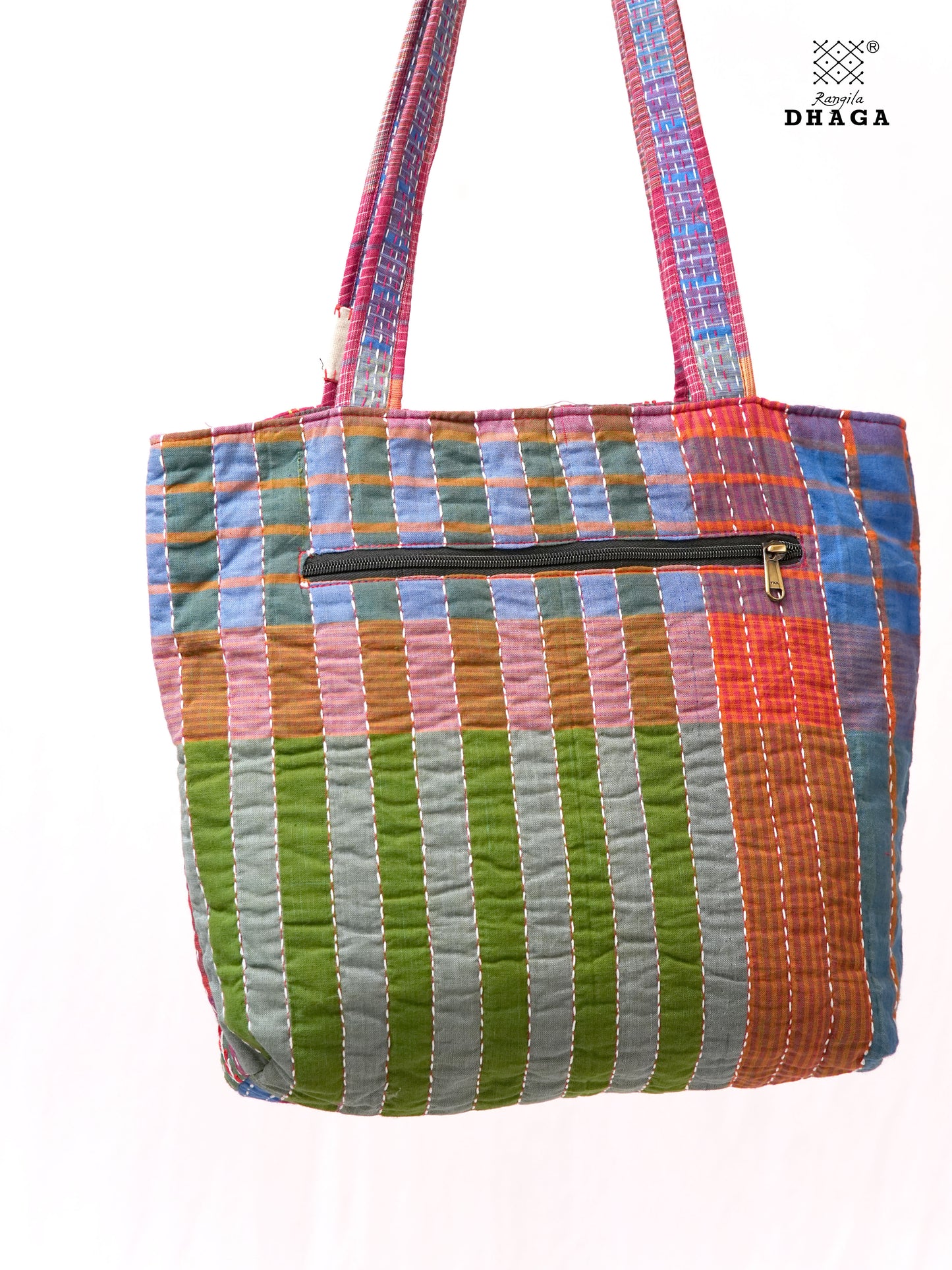 Hand-Embroidered Cotton Gamcha Tote Bag | Multicolor Artisan Shoulder Tote with Zip Closure & Multiple Pockets  107