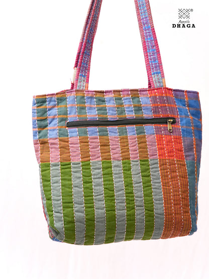 Hand-Embroidered Cotton Gamcha Tote Bag | Multicolor Artisan Shoulder Tote with Zip Closure & Multiple Pockets  107
